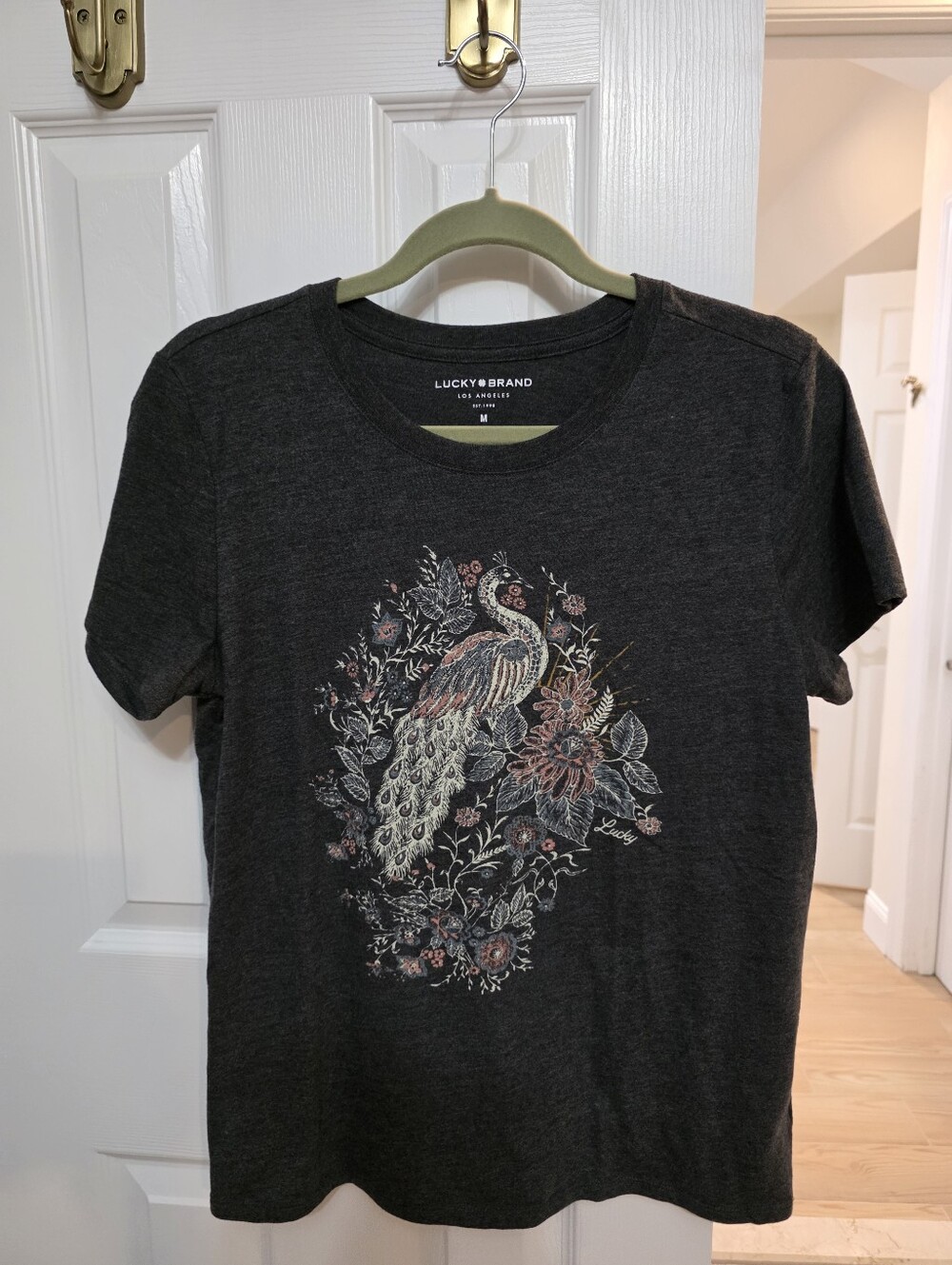 Lucky Brand Charcoal Peacock Floral Graphic Tee